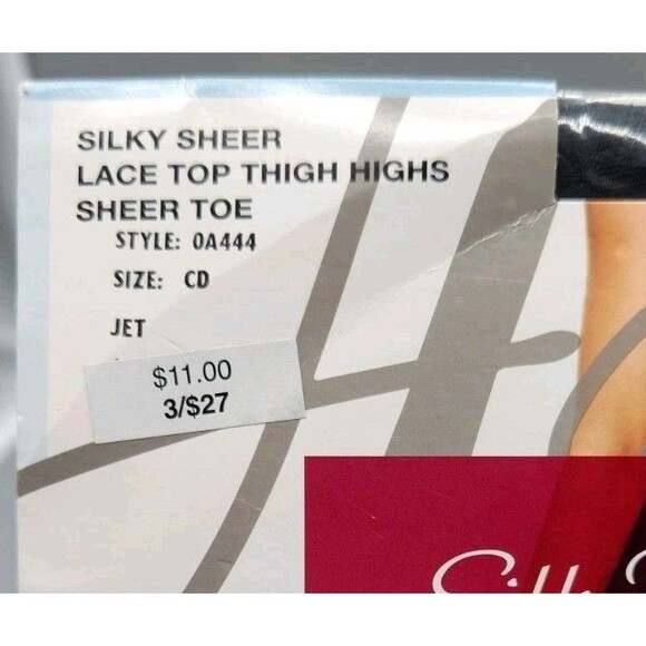 Hanes Silk Reflections Lace Top Thigh Highs Sheer Toe Jet Black Size CD Silky - Picture 4 of 8